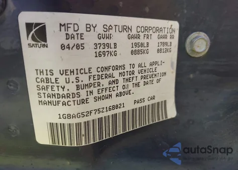 2005 Saturn Ion Level 1 z USA, uszkodzony, nr VIN 1G8AG52F75Z168021